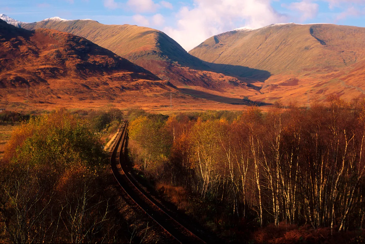 The West Highland Line To Oban as the train passes the countryside around Dalmally